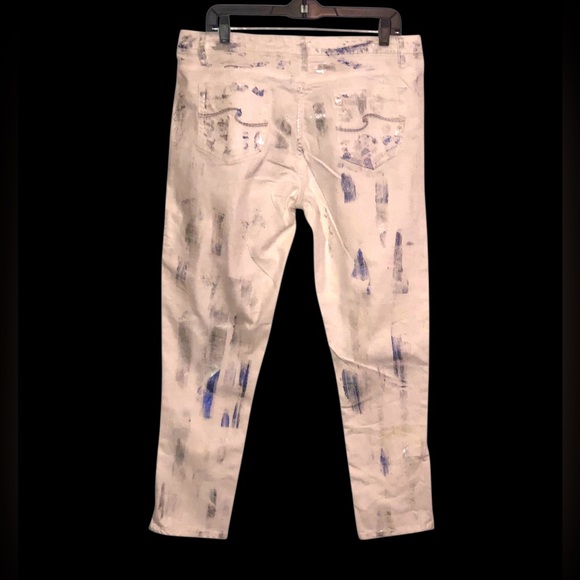 White Stretch Denim Silver Blue Metallic Foil Silver Studs Size 15 W34 X L26 NEW - Picture 2 of 12
